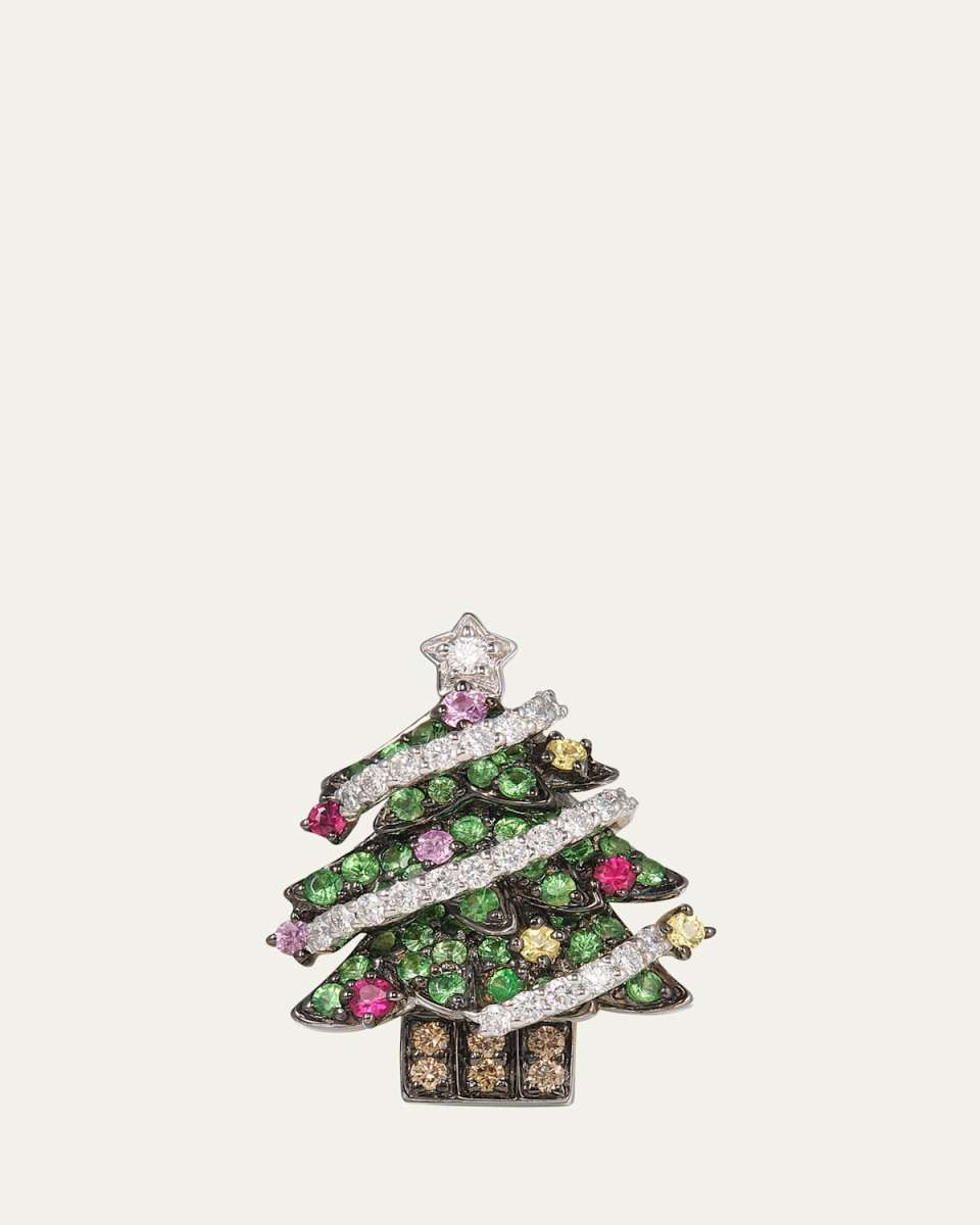 18K White Gold Christmas Tree Brooch with Diamonds and Gemstones